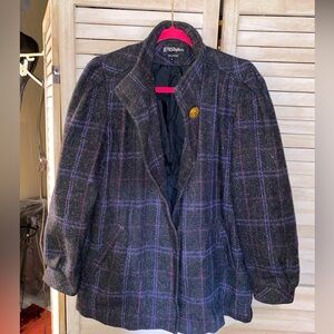 Karizma Vintage Wool Coat Plaid Charcoal and Purple Gold buttons Size 6 Ukraine